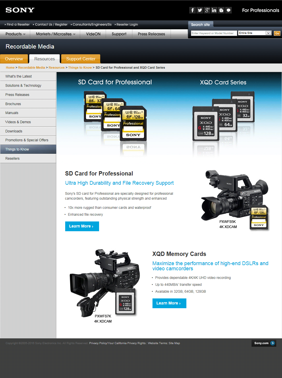 Sony Memory Cards Webpage Design